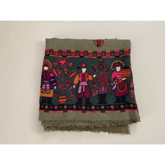 Vintage Cornelia James Rayon Scarf, Made in Italy, 44" x 42", Folk Art Print - Picture 1 of 9